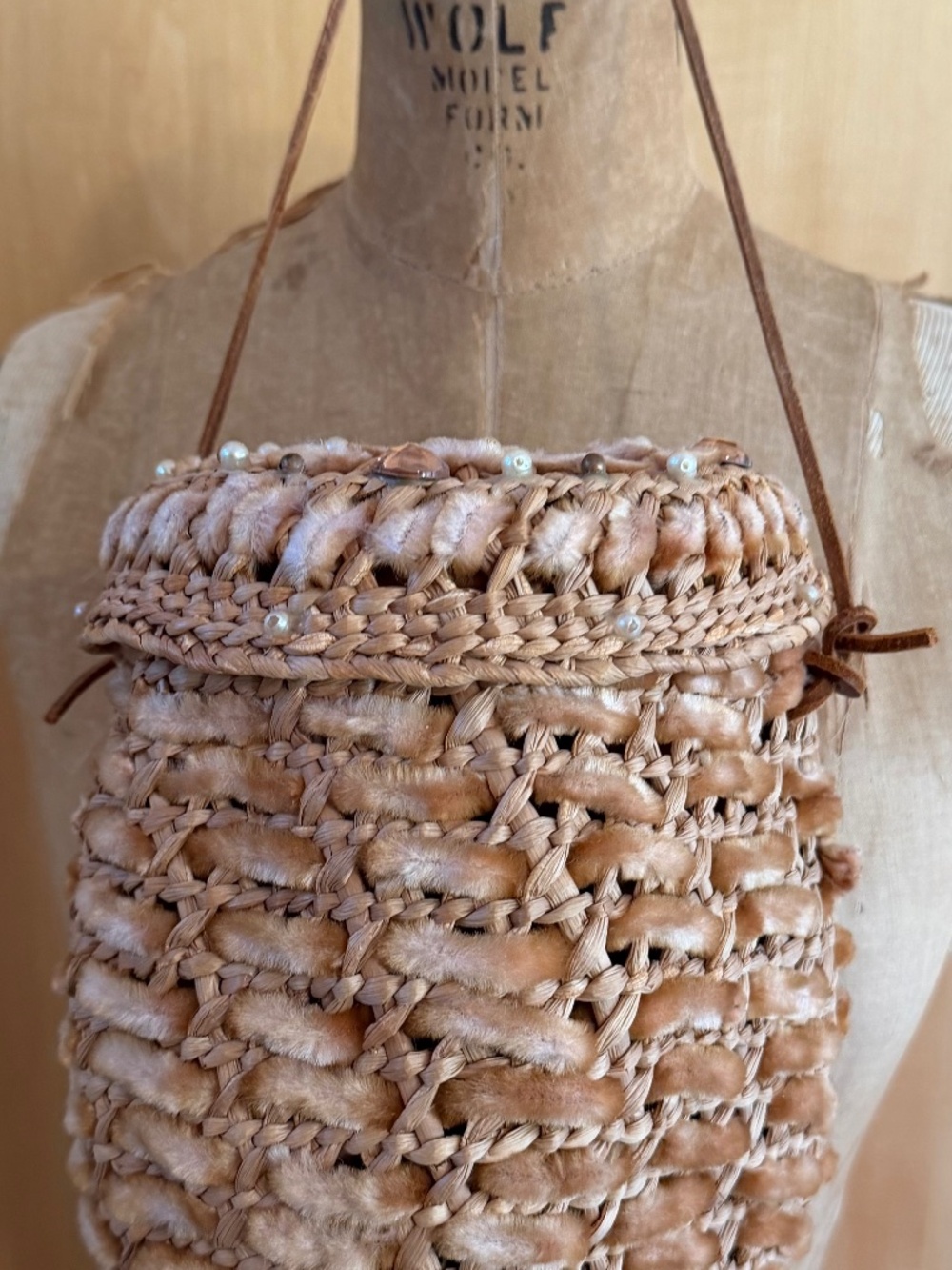 Vintage Woven Straw & Plush Velvet Textured Bucket Handbag